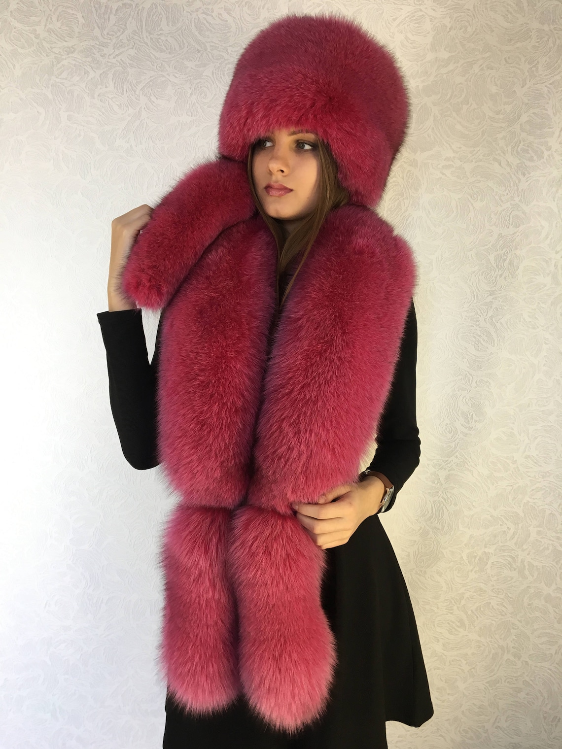 Fox Fur Collar 50' Full Fur Hat Raspberry Pink Fur Set | Etsy