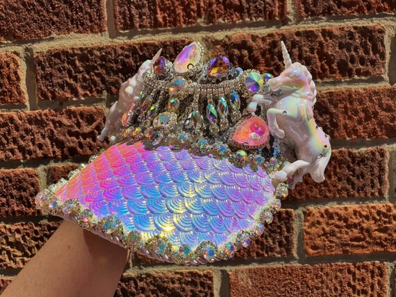 Iridescent rainbow pink hologram unicorn visor hat The Holographic Haze, Crystal Encrusted Unicorn Visor - Etsy main image 3
