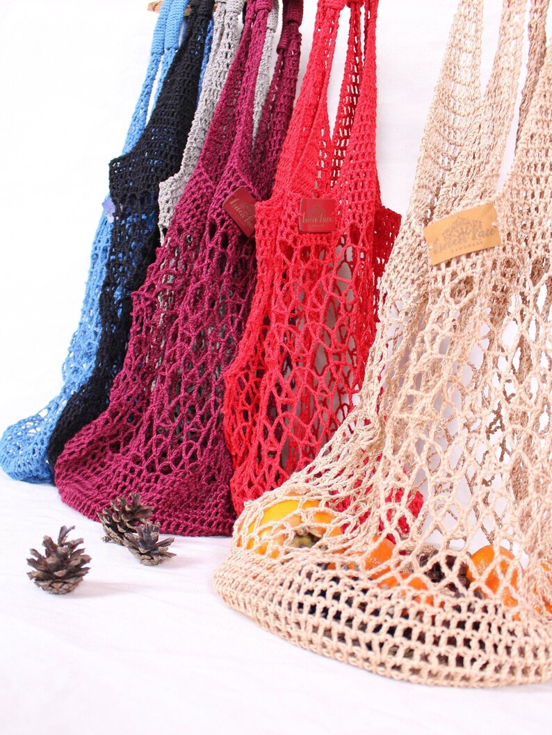 Produce bag Zero waste net bag Colorful grocery bag Crochet fishnet bags Linen shopping bag Crochet mesh bag
