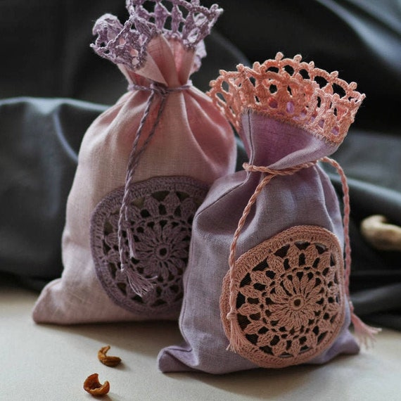Small Linen Favor Bag Crochet Lace Linen Bags Pink Dry Food Etsy