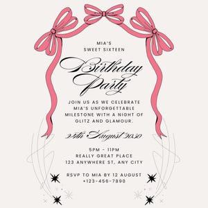 Sweet 16 Invitation template sweet sixteen for girls pink, black, bows, Birthday Party, editable colors