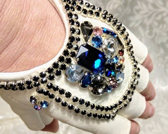 Beaded White Leather Driving Gloves: Women's Sheepskin Opera Gloves