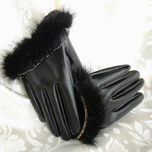 Black vegan Leather Opera gloves with cristal natural fur aplication leather gloves, leather women gloves, lady gloves, wife gift