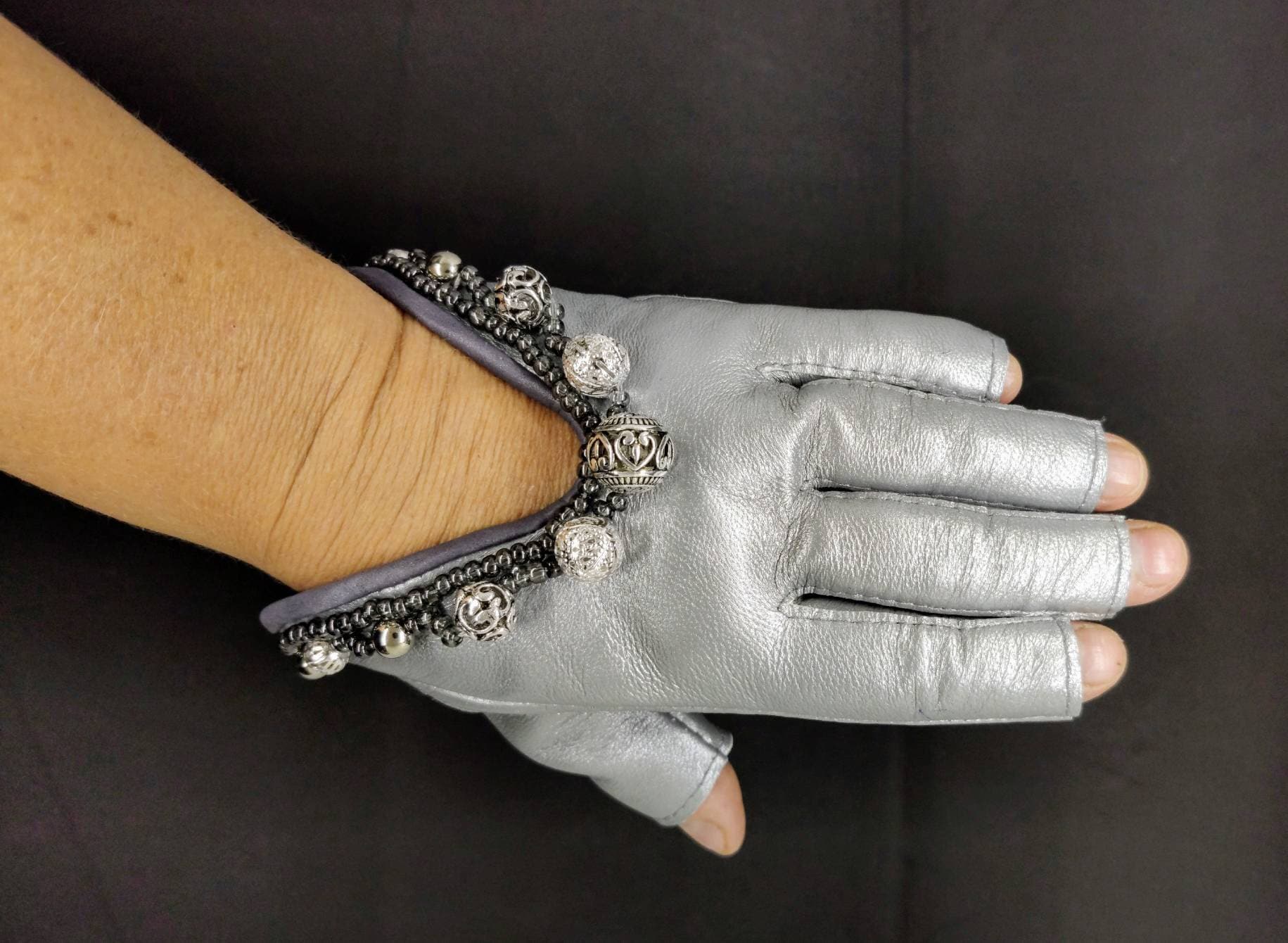 Silver grey metallic colour Genuine leather gloves with metallic and glass