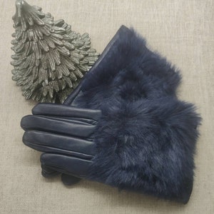 Dark Blue Vegan Leather Gloves with Faux Fur - Size S/M ALL DUTIES PAID