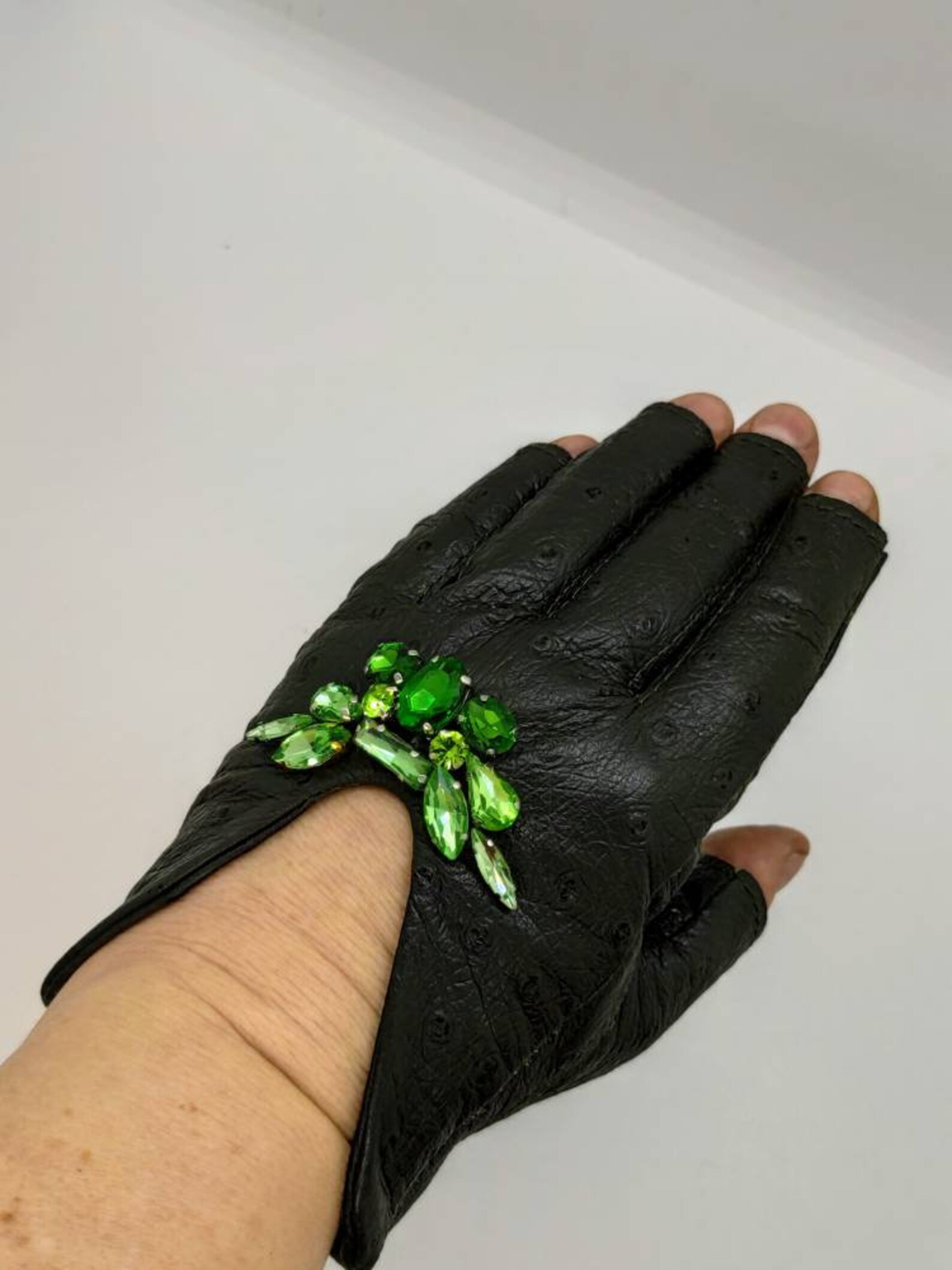 Women's Olive Dark Green Leather Gloves Fingerless Star Etsy
