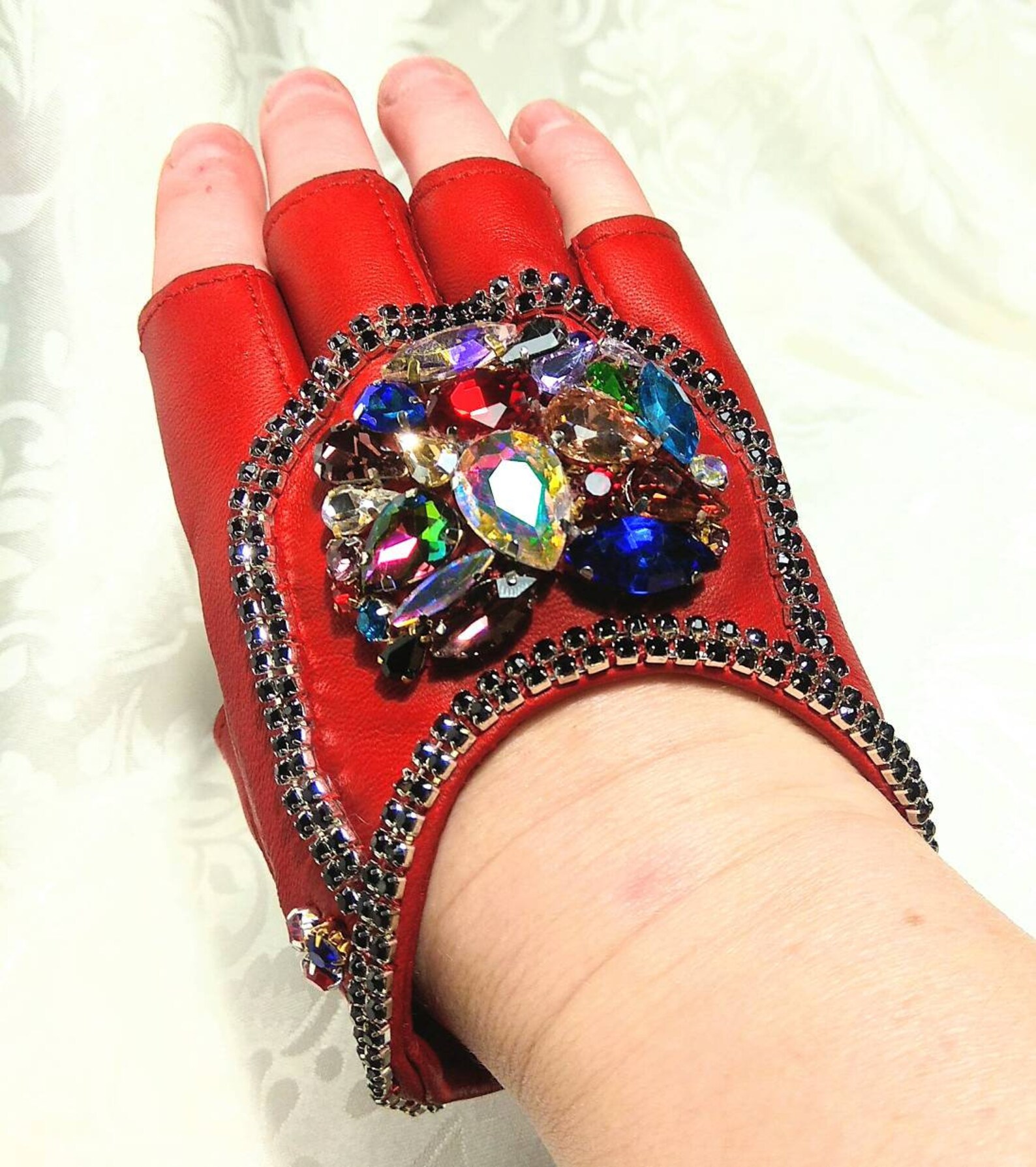 Red Genuine Leather Gloves With Beads Application. Opera Half Finger's ...