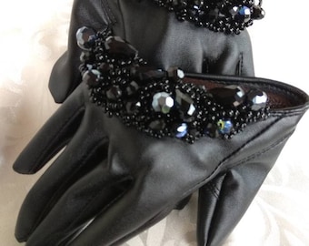 Black Leather Gloves: Hand Embroidered Glass Beads, Elegant Evening Gloves