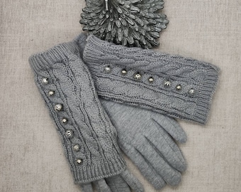Gestrickte fingerlose Handschuhe Set: Graue Handschuhe aus Metall