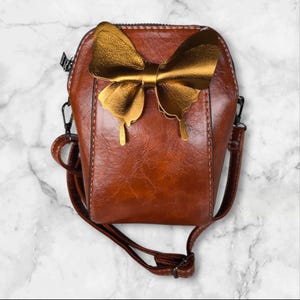 Vegan Leather Crossbody Bag: Handmade Small Shoulder Purse with Golden Bow. ALL DUTIES PAID