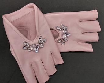 Pink Leather Driving Gloves: Beaded Opera Gloves