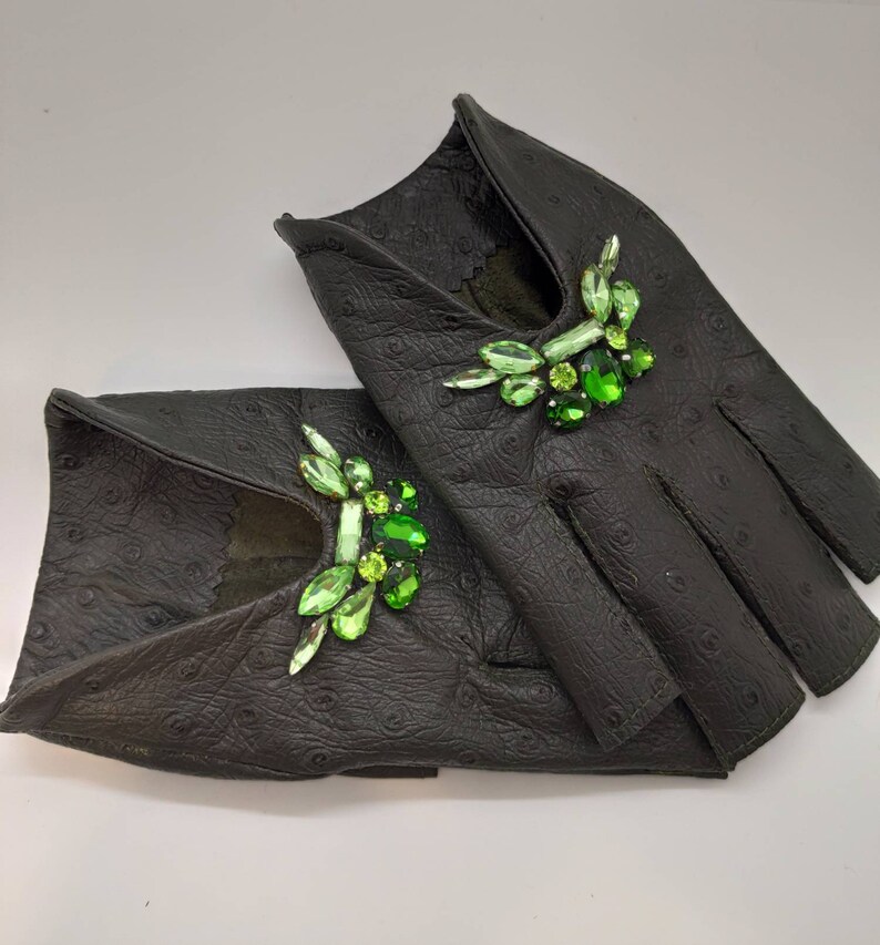 Women's Olive Dark Green Leather Gloves Fingerless Star Etsy