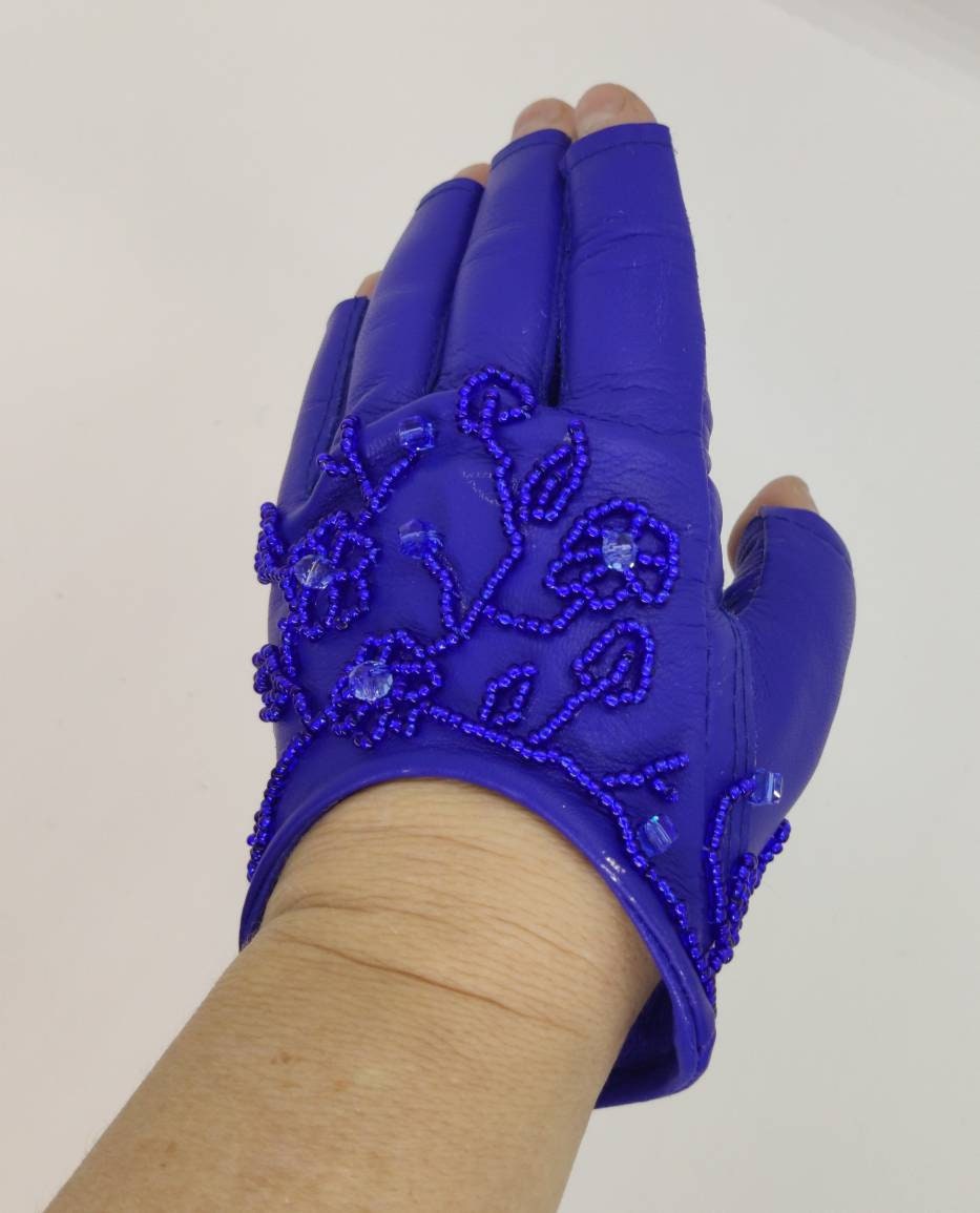 Blue Leather Fingerless Gloves Embroidered With Beads Women's Short Style Spring and Summer