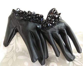 Black Vegan Leather Gloves: Beaded Opera Gloves. ALL DUTIES PAID