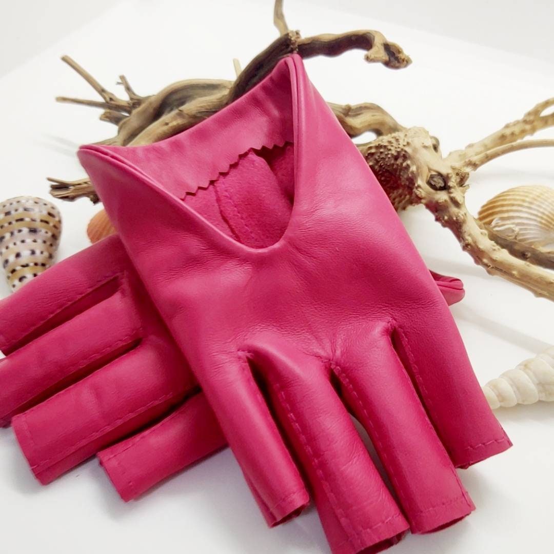 Leather Gloves Pink/punch Color Fingerless Star Hollow Etsy