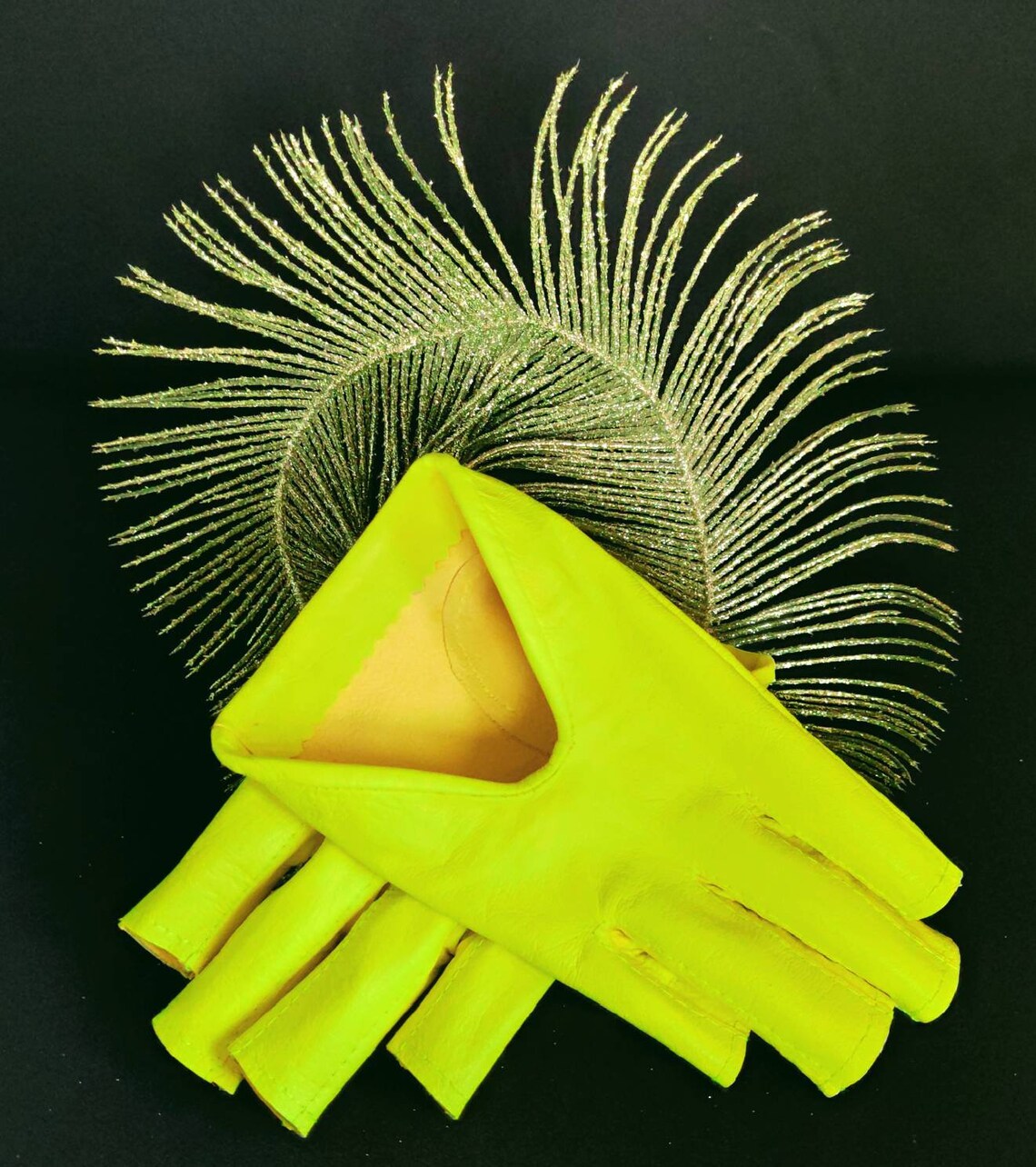 Women's Olive Green Leather Gloves Fingerless Star Hollow Etsy