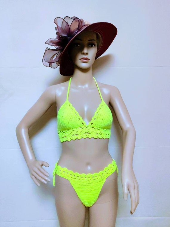 Neon Yellow Crochet Bikini 2 Piece Swimsuits, Knitted Swimwear