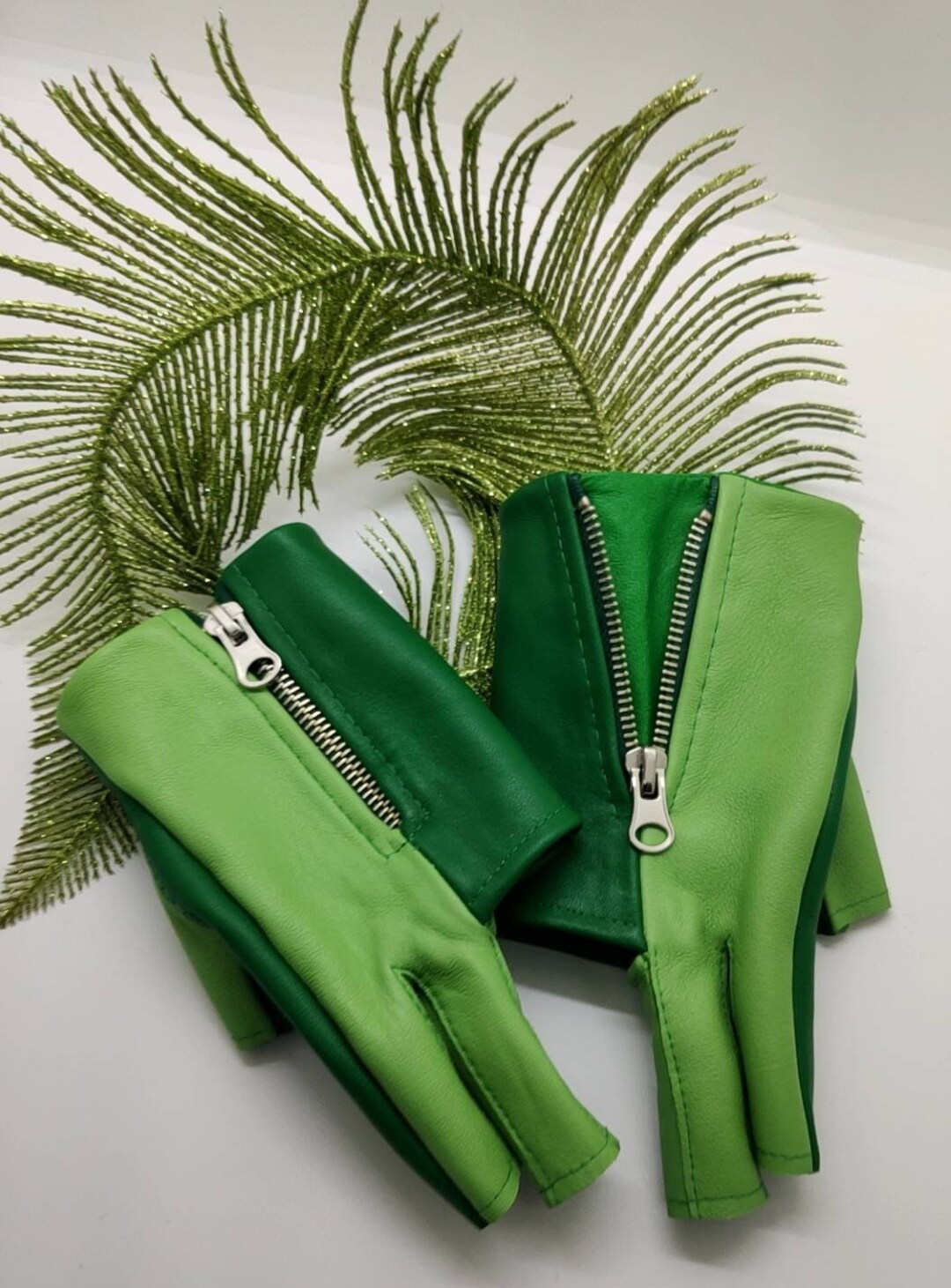 Green Women's Leather Gloves Fingerless With Zipper Green Color Leather