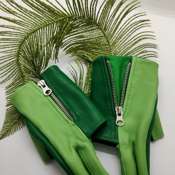 Green Women's Leather Gloves Fingerless with zipper green color  leather  Half Finger Mittens for Women