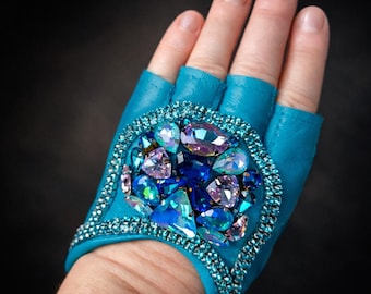 Beaded Leather Driving Gloves: Sky Blue Women's Accessories
