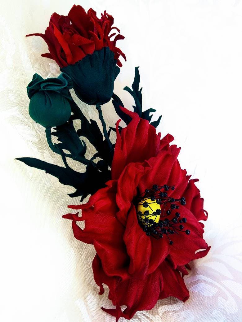 Broche Grande Fleur Coquelicot Rouge Avec Strass - Plaqué Or, 8x7 Cm - Pour écharpe, Col, Cadeau Fête