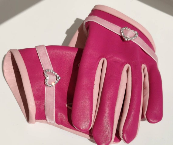 Magenta Front Pink Back Leather Half Palm Gloves Etsy Canada