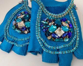 Beaded Leather Driving Gloves: Sky Blue Women&#39;s Accessories