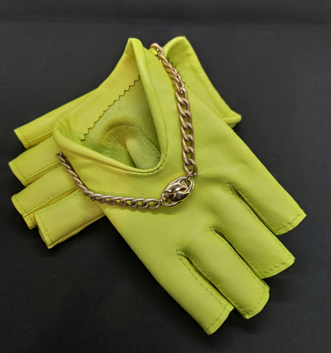 Women's Neon Green Leather Summer Gloves Fingerless With Etsy