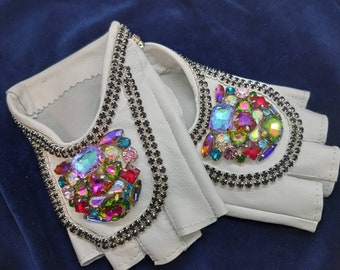 Beaded White Leather Driving Gloves: Women&#39;s Sheepskin Opera Gloves