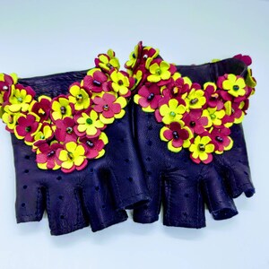 Purple/Violet driving, evening leather gloves with magenta and lime flowers handmade gloves and beads