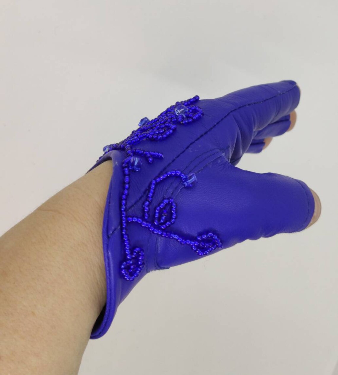 Blue Leather Fingerless Gloves Embroidered With Beads Etsy