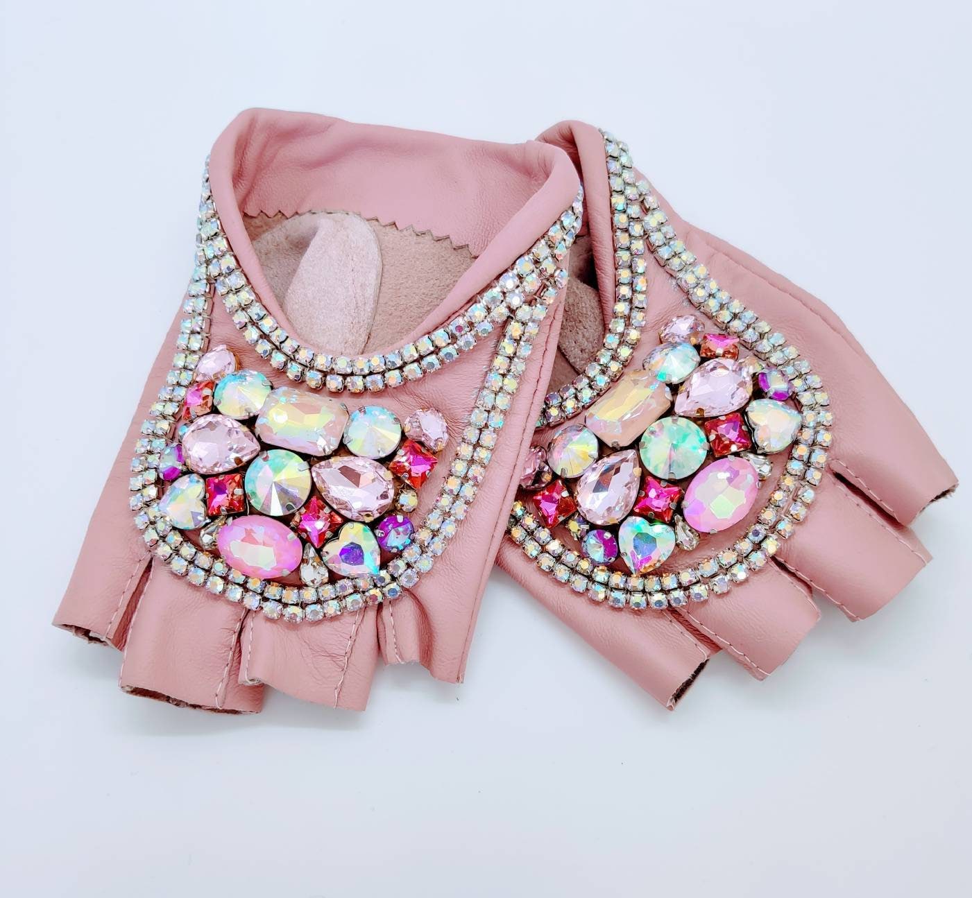 Pink Sheepskin Leather Driving Gloves: Beaded Glamour Accessories