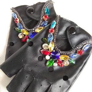 Half Finger Driving Women Gloves PU Leather Fingerless Gloves For Women Black with color beads