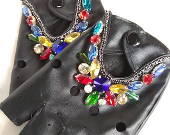 Beaded Fingerless Gloves: Black PU Leather Driving Gloves