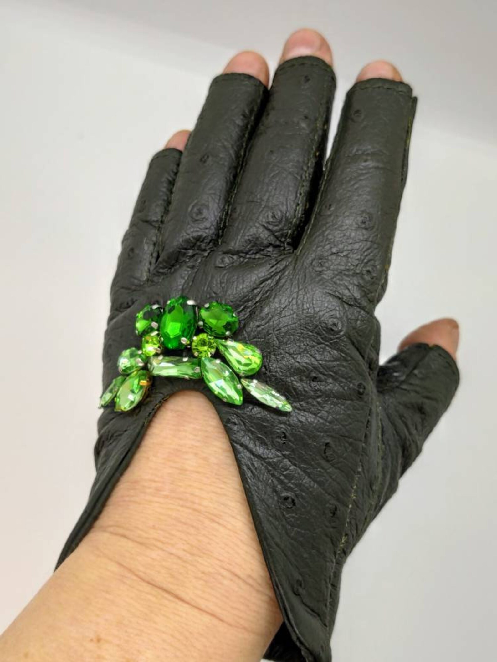 Women's Olive Dark Green Leather Gloves Fingerless Star Etsy
