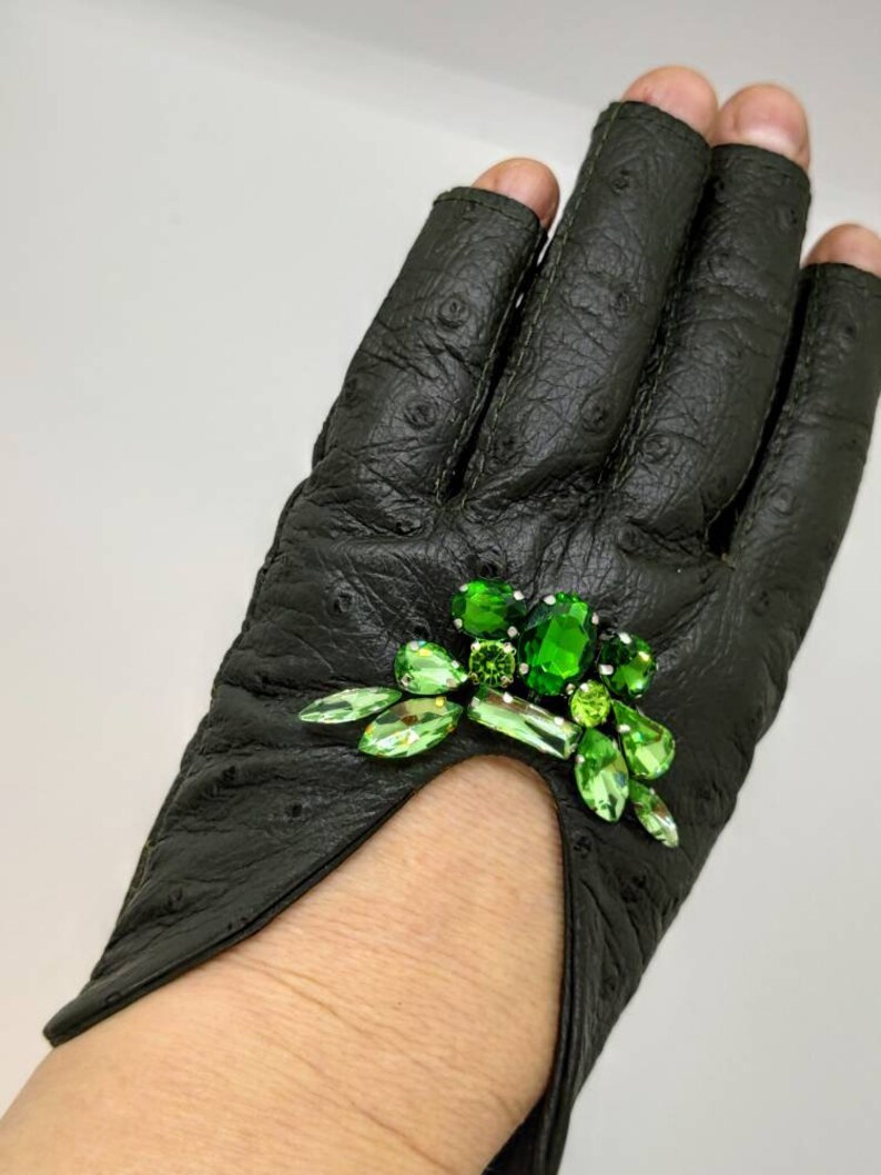 Women's Olive Dark Green Leather Gloves Fingerless Star Etsy