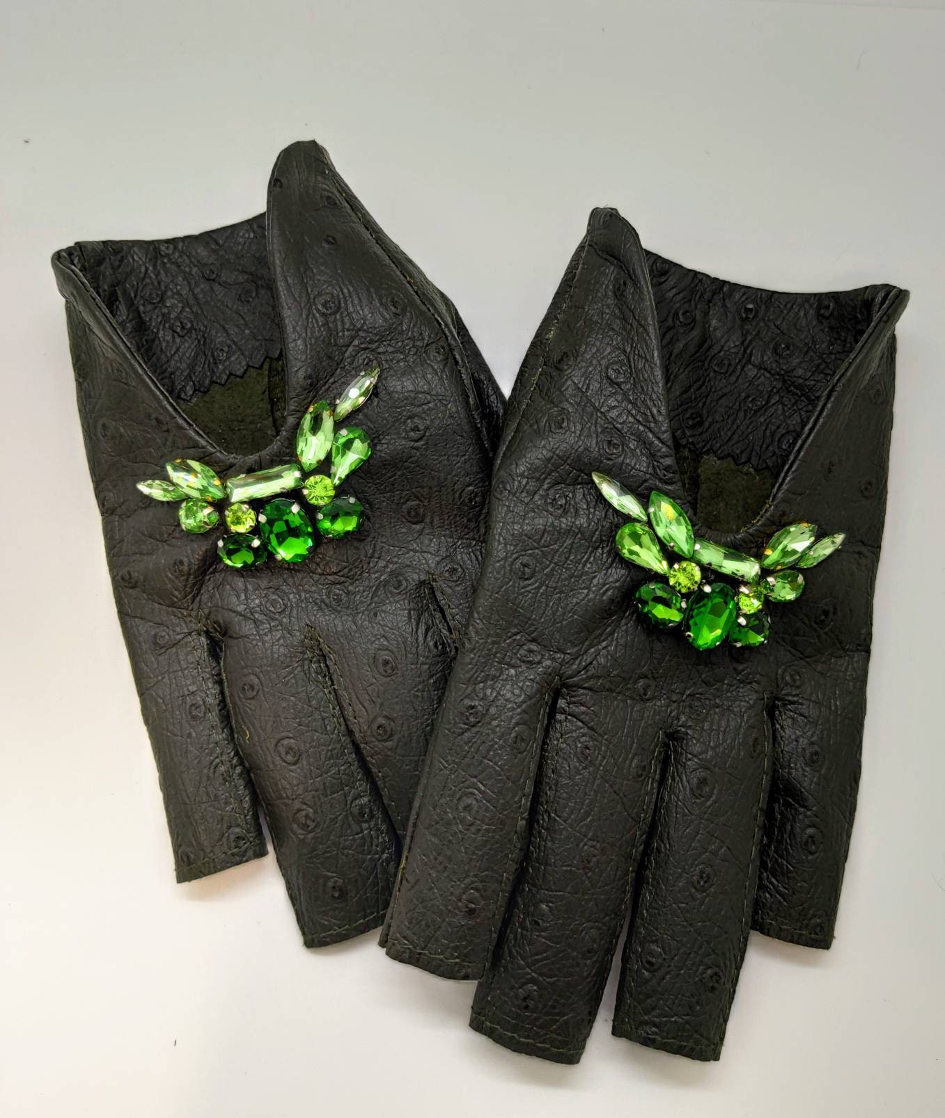 Women's Olive Dark Green Leather Gloves Fingerless Star Etsy