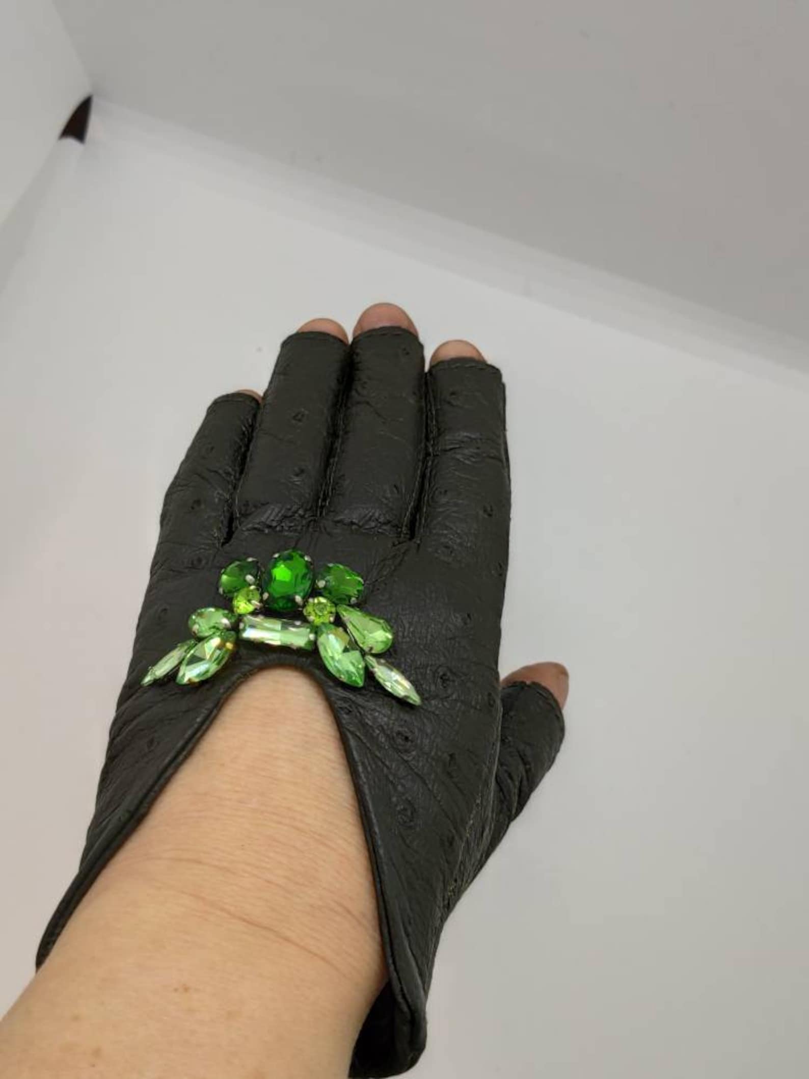 Women's Olive Dark Green Leather Gloves Fingerless Star Etsy