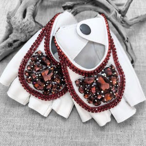 White Leather Fingerless Gloves – Handmade Italian Leather Driving Gloves with Red Crystal Beading – Luxury Women’s Statement Accessories
