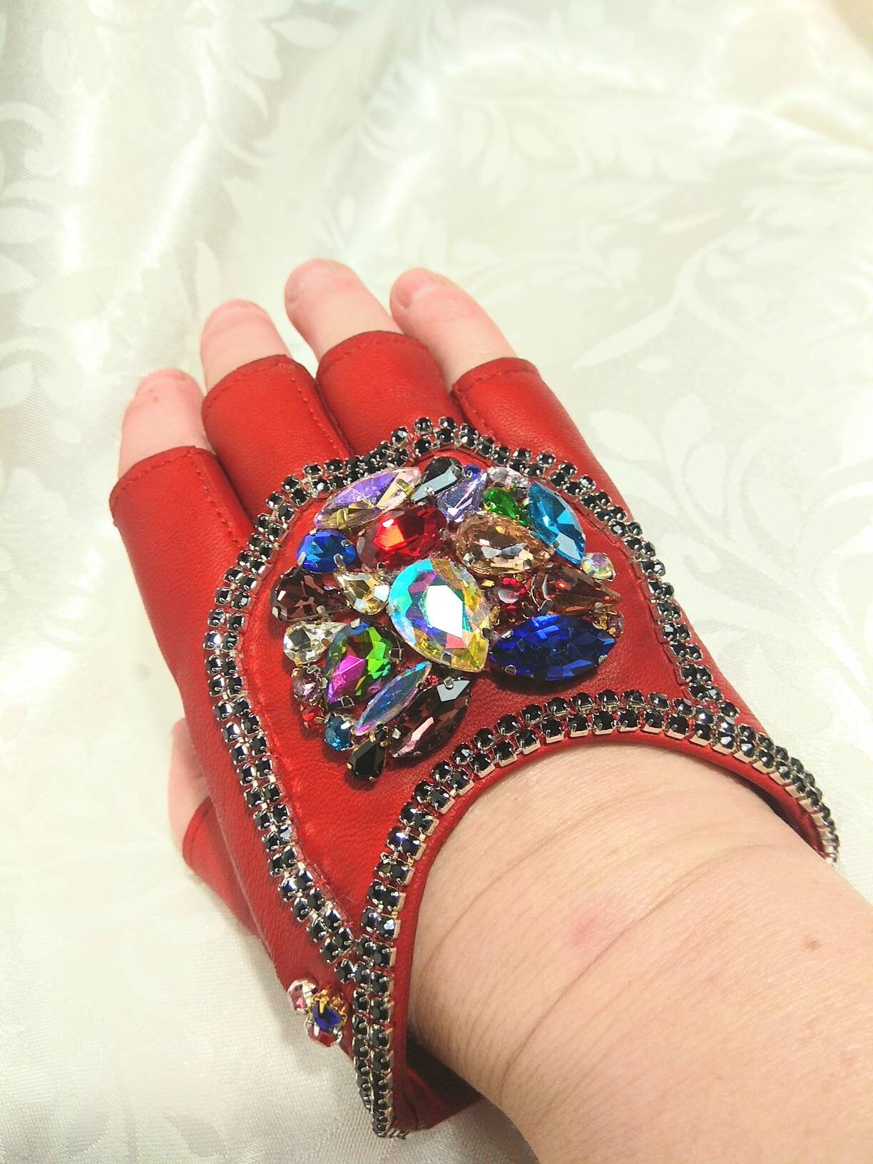Red Genuine leather gloves with beads application. Opera half | Etsy
