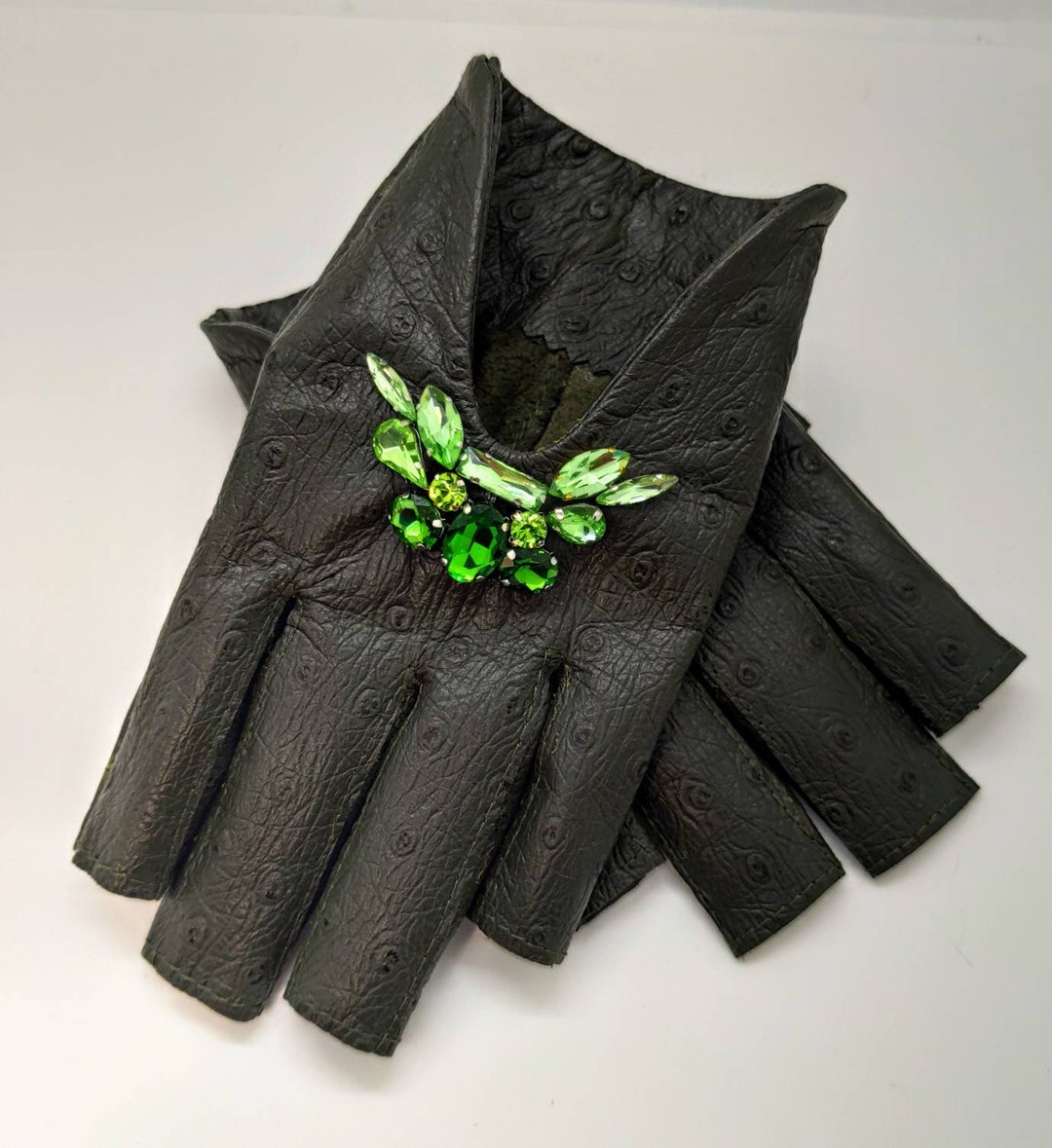 Women's Olive Dark Green Leather Gloves Fingerless Star Hollow Gloves