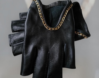 Handmade Black Leather Fingerless Gloves • Gold Chain Detail