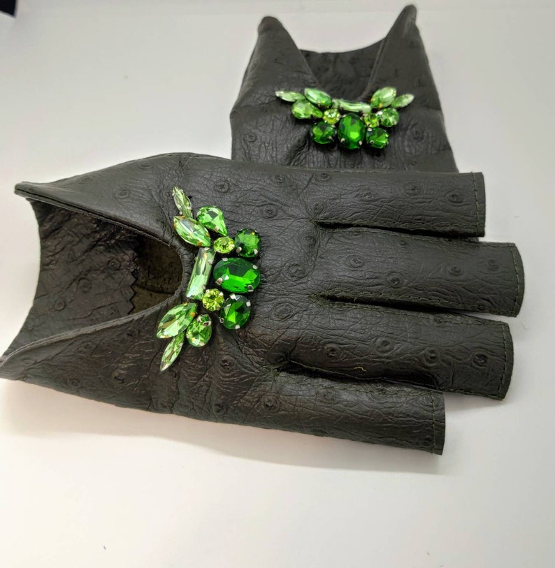Women's Olive Dark Green Leather Gloves Fingerless Star Etsy