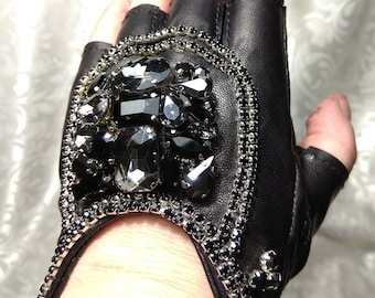 Beaded Leather Driving Gloves: Women&#39;s Fingerless Opera Gloves. ALL DUTIES PAID