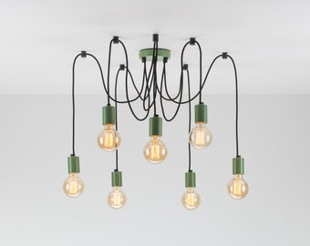 Elvin 7-Port Ceiling Pendant Lamp | Green | Swag Hook | Spider Chandelier | You Choose We Build | Textile Cable | Color Cord