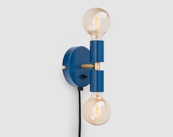 Liam Mini Plug-in Wall Sconce Navy Blue On/Off Switch Mid Century Modern Bedside Lamp Raw Brass