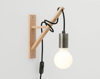 Otto Plug In Wall Sconce | Raw Metal | Wooden Wall Hook | On/Off Switch | Fabric Cable | Hanging Light | Bedside Lamp | Exposed Bulb | Loft