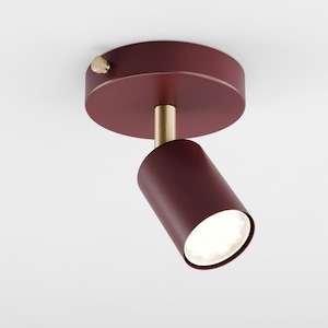 Può includere: Un faretto da soffitto color bordeaux con testa cilindrica e base circolare. L'apparecchio include un raccordo color ottone e una piccola vite color ottone sul lato della base, con una luce brillante che emana dal cilindro.