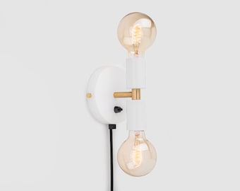 Liam Mini Plug-in Wall Sconce White On/Off Switch Mid Century Modern Bedside Lamp Raw Brass