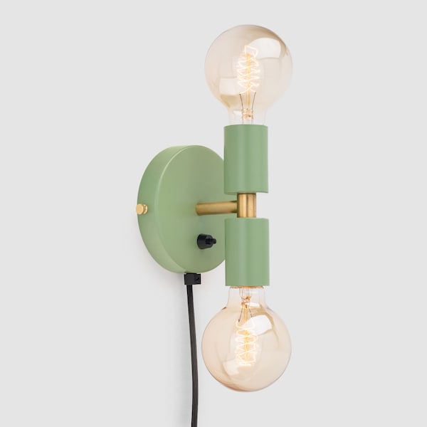 Liam Mini Plug-in Wall Sconce Olive Green On/Off Switch Mid Century Modern Bedside Lamp Raw Brass